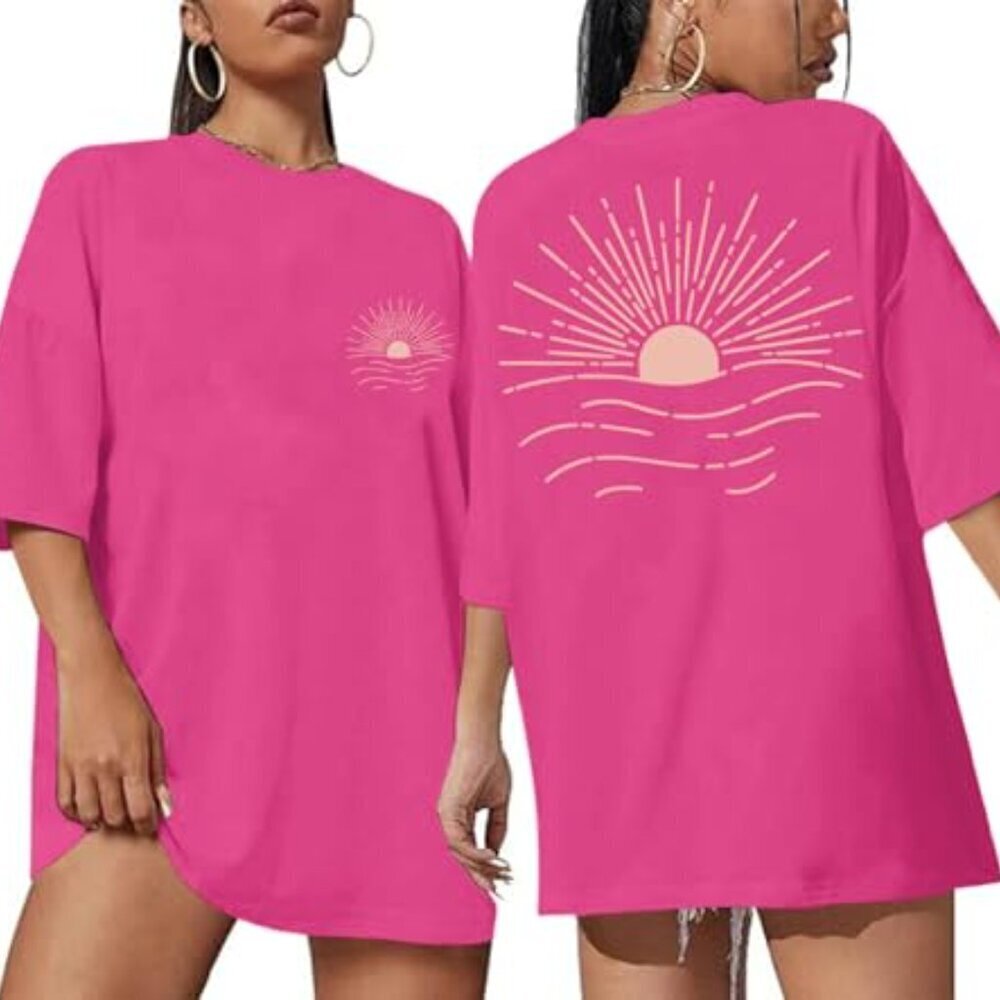 Oversized Vintage Sun Print Graphic Tee Baggy Y2K Beach Top - Picture 2 of 7